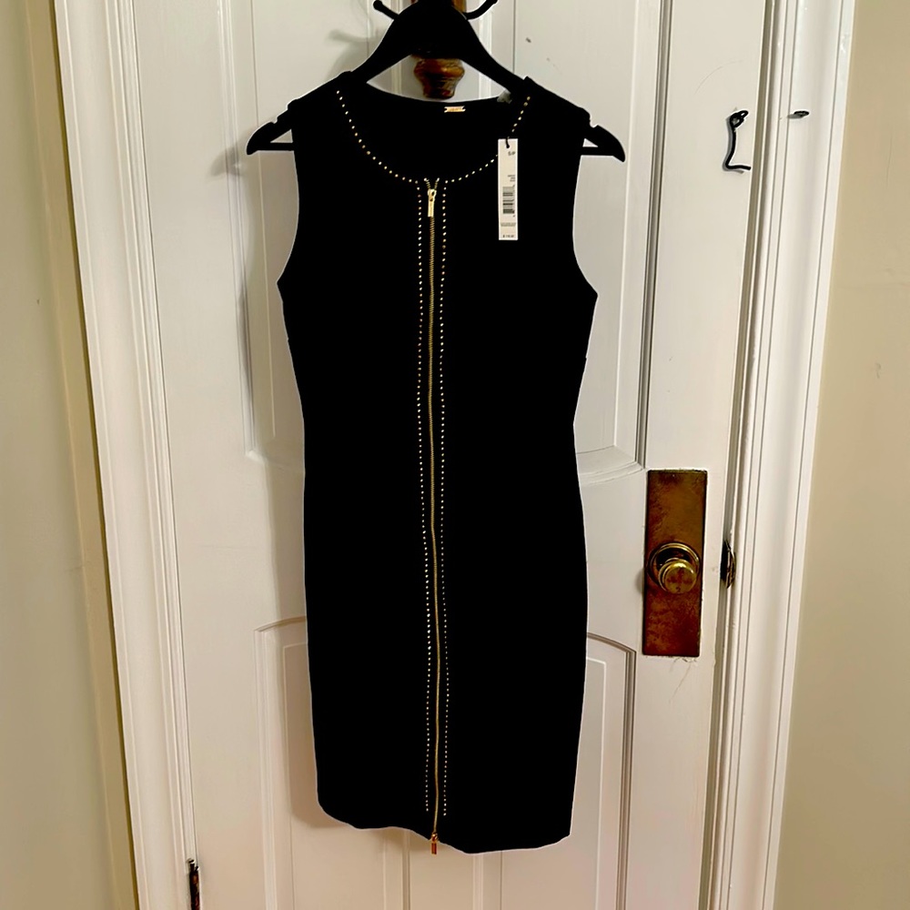 NWT T Tahari Black with Gold Zip and Tiny Studs Sleeveless Dress Size S